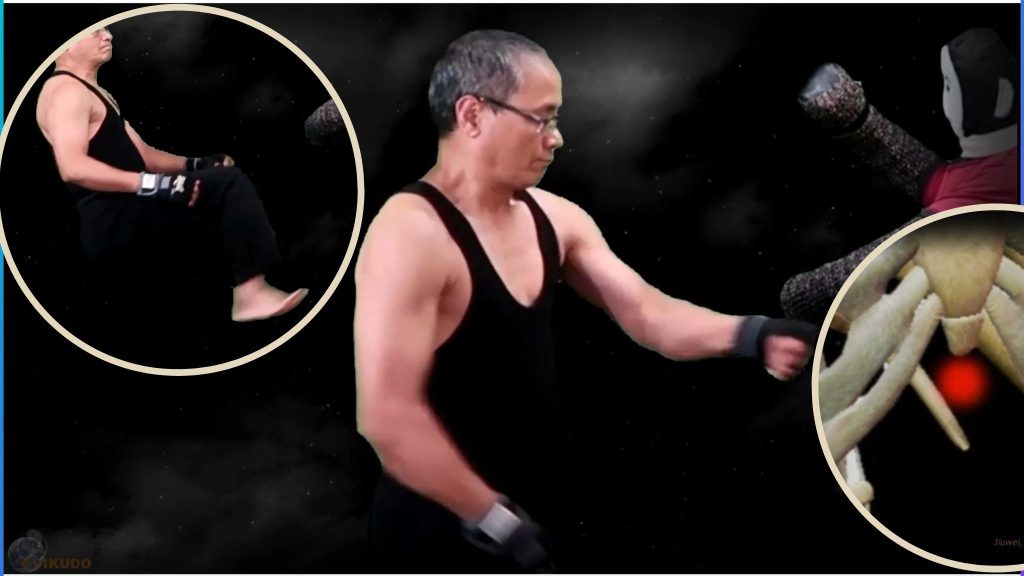 Đấm thẳng huyệt Cưu vĩ hóa giải đòn đá trung và thấp, Coup de poing droit à l'acupoint Jiuwei neutralise les coups de pied moyens et bas, Punch straight at Jiuwei acupoint against a low kick,